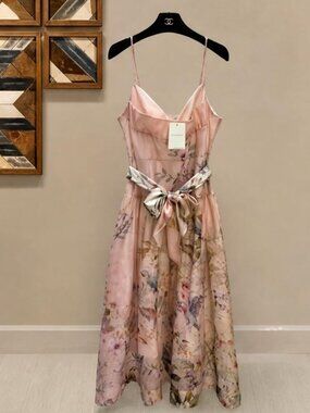 zimmermann pink floral belted midi dress ZIMMERMANN Crush Belted Floral-Print Linen Midi Dress